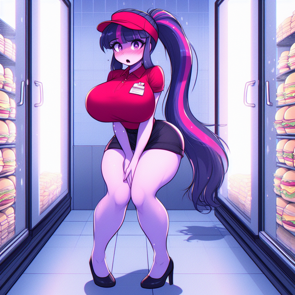 Size: 1024x1024 | Tagged: suggestive, ai content, derpibooru import, machine learning generated, twilight sparkle, anthro, adorasexy, big breasts, blushing, breasts, burger, busty twilight sparkle, butt, clothes, covering, covering crotch, curvy, cute, embarrassed, female, food, g4, hamburger, high heels, hourglass figure, huge breasts, huge butt, image, knees pressed together, large butt, looking at you, name tag, open mouth, png, ponytail, prompter:horselover fat, refrigerator, restaurant, sexy, shoes, shorts, solo, standing, stupid sexy twilight, the ass was fat, thighs, thunder thighs, tiled floor, twibutt, uniform, visor cap, wide hips