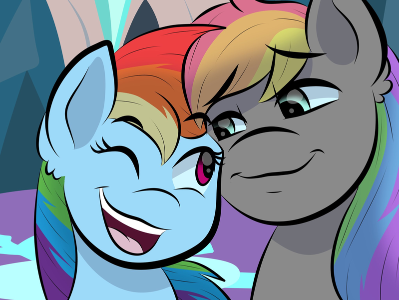 Size: 2044x1534 | Tagged: safe, artist:doodle-hooves, derpibooru import, rainbow dash, oc, oc:dark rainbow, pegasus, pony, canon x oc, commission, cute, darsh, female, image, looking at each other, looking at someone, male, mare, pegasus oc, png, shipping, stallion, straight, wings, ych result