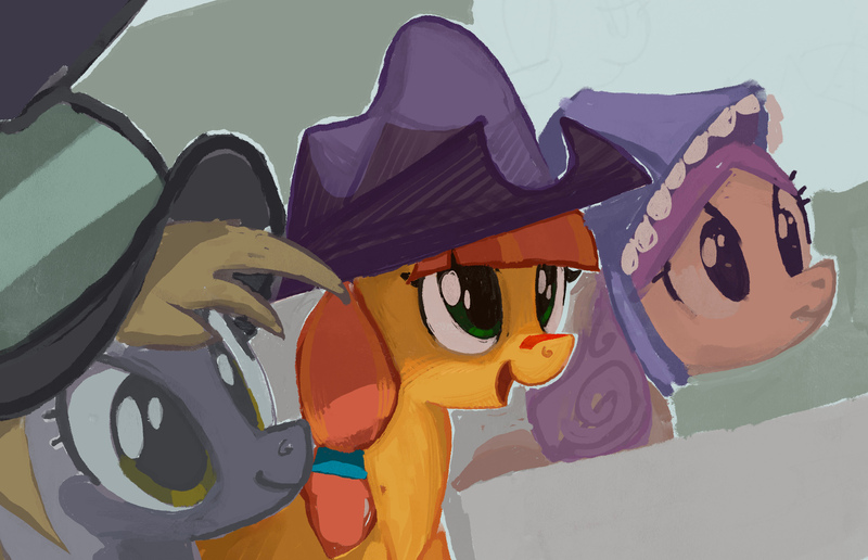 Size: 2515x1622 | Tagged: safe, artist:mandumustbasukanemen, derpibooru import, bonnie rose, derpy hooves, jade spade, pony, bonnet, cheering, clothes, cowboy hat, face paint, female, hat, image, jpeg, mare, outdoors, trio