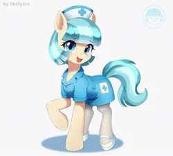 Size: 2142x1935 | Tagged: safe, artist:vinilyart, derpibooru import, coco pommel, earth pony, pony, clothes, cocobetes, cute, g4, image, jpeg, looking at you, nurse, nurse outfit, raised hoof, shoes, solo