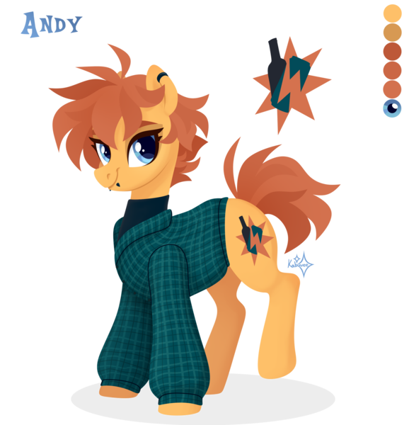 Size: 1920x1994 | Tagged: safe, artist:kabuvee, derpibooru import, oc, oc:andy, unofficial characters only, earth pony, pony, clothes, color palette, ear piercing, earring, earth pony oc, female, image, jewelry, lip piercing, looking at you, mare, piercing, png, simple background, solo, standing, sweater, transparent background