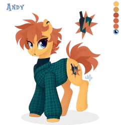 Size: 1920x1994 | Tagged: safe, artist:kabuvee, derpibooru import, oc, oc:andy, unofficial characters only, earth pony, pony, clothes, color palette, ear piercing, earring, earth pony oc, female, image, jewelry, lip piercing, looking at you, mare, piercing, png, simple background, solo, standing, sweater, transparent background