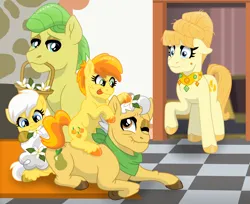 Size: 3823x3117 | Tagged: safe, artist:faitheverlasting, derpibooru import, aunt orange, grand pear, mosely orange, peachy pie, sunny daze, uncle orange, earth pony, pony, basket, doorway, family, father and child, father and daughter, female, filly, floppy ears, flower, flower in hair, flower in tail, foal, g4, grandfather and grandchild, grandfather and granddaughter, happy, headcanon, high res, image, jewelry, looking at someone, looking back, lying down, male, mare, mouth hold, neckerchief, necklace, one eye closed, png, prone, raised hoof, reunion, sequel, siblings, sisters, smiling, stallion, story included, surprised, tail, tongue out, twin sisters, twins, wide eyes