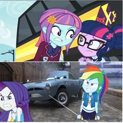 Size: 3500x3500 | Tagged: safe, derpibooru import, rainbow dash, rarity, sci-twi, sunny flare, twilight sparkle, equestria girls, angry, cars (pixar), cars 2, finn mcmissile, g4, image, jpeg, my little pony equestria girls: friendship games