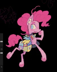 Size: 1550x1924 | Tagged: safe, artist:_night_milk_, derpibooru import, pinkie pie, earth pony, pony, fanfic:cupcakes, black background, g4, horn, image, jewelry, jpeg, necklace, simple background, skinny, solo, thin, thin legs, unicorn horn