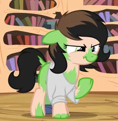Size: 1015x1048 | Tagged: safe, artist:anonymous, oc, oc:anonfilly, unofficial characters only, pony, /mlp/, /ptfg/, 4chan, female, filly, floppy ears, golden oaks library, grumpy, heterochromia, human to pony, image, library, png, raised leg, show accurate, solo, transformation, transgender transformation