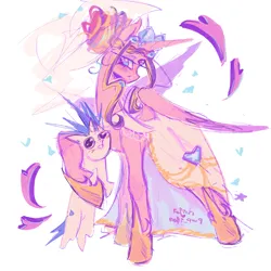 Size: 2500x2500 | Tagged: safe, artist:rofich, derpibooru import, princess cadance, shining armor, alicorn, pony, unicorn, alternate hairstyle, blush scribble, blushing, clothes, dress, duo, duo male and female, female, height difference, high res, hoof around neck, horn, image, lidded eyes, male, mare, meme, png, ship:shiningcadance, shipping, simple background, smiling, straight, the bride and the ugly ass groom, veil, wedding dress, wedding veil, white background