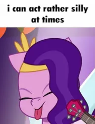 Size: 521x679 | Tagged: safe, derpibooru import, edit, edited screencap, editor:pink amena, screencap, pipp petals, pegasus, pony, g5, my little pony: tell your tale, banjo, caption, eyes closed, image, image macro, jazz hearts rocky, meme, mlem, musical instrument, pipp petals is best facemaker, png, ponified meme, silly, silly pony, smiling, solo focus, text, tongue out