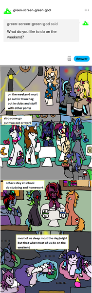 Size: 1111x3522 | Tagged: safe, artist:ask-luciavampire, derpibooru import, oc, earth pony, pegasus, undead, unicorn, vampire, vampony, ask, food, horn, image, png, sleeping, town, tumblr