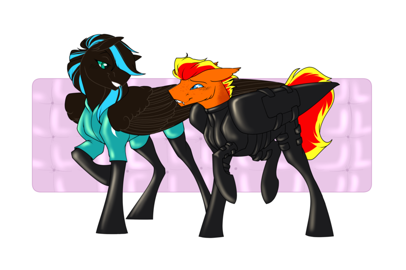 Size: 4500x3000 | Tagged: suggestive, artist:parrpitched, derpibooru import, oc, oc:fireheart(fire), oc:nightlight aura, unofficial characters only, bat pony, pegasus, bound wings, clothes, concave belly, female, femdom, fit, gloves, image, large wings, latex, latex boots, latex gloves, latex suit, palindrome get, pegasus oc, png, rubber, rubber suit, slender, thin, wings