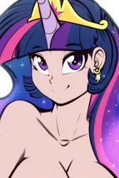 Size: 1536x2304 | Tagged: suggestive, ai content, artist:scorpdk, banned from derpibooru, machine learning generated, princess twilight 2.0, twilight sparkle, twilight sparkle (alicorn), alicorn, human, the last problem, breasts, bust, cleavage, crown, ear piercing, earring, ethereal mane, female, generator:pony diffusion v6 xl, horn, horned humanization, humanized, image, jewelry, looking at you, older, older twilight, piercing, png, regalia, smiling at you, solo, solo female