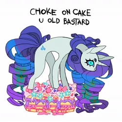 Size: 1134x1134 | Tagged: safe, artist:cutesykill, derpibooru import, rarity, pony, unicorn, beanbrows, blue eyes, cake, colored eyebrows, colored sclera, concave belly, curly mane, curly tail, eyebrows, female, food, g4, horn, image, jpeg, long legs, long mane, long tail, mare, no mouth, profile, purple mane, purple sclera, purple tail, ringlets, shrunken pupils, simple background, solo, standing, tail, text, thick eyelashes, thin legs, unicorn horn, unusual pupils, vulgar, white background, white coat, wide eyes
