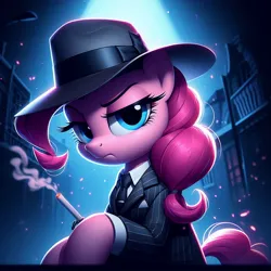 Size: 1024x1024 | Tagged: safe, ai content, derpibooru import, machine learning generated, pinkie pie, cigarette, clothes, fedora, generator:dall-e 3, hair tie, hat, image, jpeg, looking at you, mafia, night, street, suit