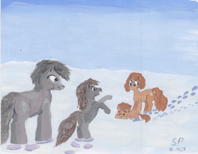 Size: 1463x1137 | Tagged: safe, artist:shitty painter, ponerpics import, ponybooru import, oc, oc:comfy cozy, oc:the abominable snowmare, unofficial characters only, pony, taiga pony, colt, female, filly, foal, hoofy-kicks, image, male, mare, painting, png, rearing, scared, traditional art