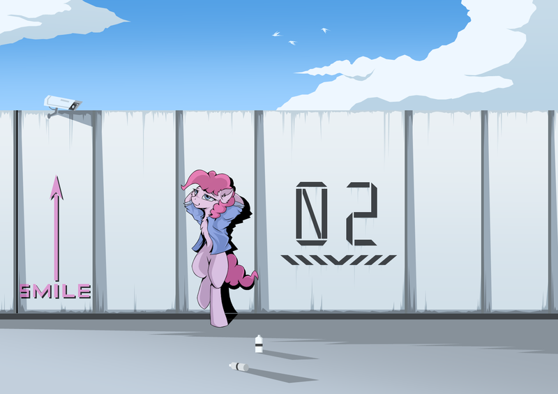 Size: 1700x1200 | Tagged: safe, artist:hovawant, derpibooru import, pinkie pie, earth pony, pony, semi-anthro, bipedal, chest fluff, clothes, dystopia, female, future, image, leaning, mare, png, solo, spray