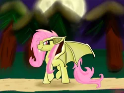 Size: 2000x1500 | Tagged: safe, artist:bazza, derpibooru import, fluttershy, bat pony, bat ponified, bat wings, derpibooru exclusive, fangs, floppy ears, flutterbat, image, moon, paint tool sai, png, race swap, simple background, simple shading, smiling, smirk, spread wings, tree, walking, wings