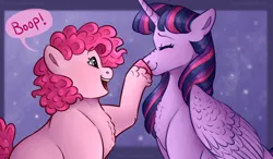 Size: 1760x1030 | Tagged: safe, artist:violetpony11, derpibooru import, pinkie pie, twilight sparkle, twilight sparkle (alicorn), alicorn, earth pony, pony, boop, chest fluff, cute, diapinkes, female, image, lesbian, mare, open mouth, open smile, png, ship:twinkie, shipping, smiling, twiabetes