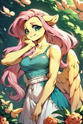 Size: 896x1344 | Tagged: safe, ai content, derpibooru import, machine learning generated, prompter:saberclaw1x, fluttershy, anthro, butterfly, insect, pegasus, apron, breasts, busty fluttershy, clothes, dress, floppy ears, flower, image, looking at you, nature, png, smiling, smiling at you, solo, sundress
