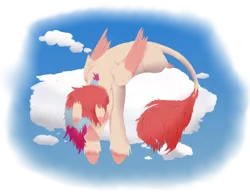 Size: 1300x1000 | Tagged: safe, artist:squeezymouse, derpibooru import, oc, oc:cardia, unofficial characters only, pegasus, ambiguous gender, blank flank, cloud, derpibooru exclusive, gradient mane, image, leonine tail, lineless, png, simple background, sky background, solo, tail, tired, transparent background, unshorn fetlocks, vent art