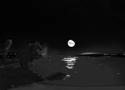 Size: 3500x2500 | Tagged: safe, artist:captainhoers, derpibooru import, oc, unofficial characters only, kirin, black and white, female, glasses, grayscale, high res, image, jpeg, kirin oc, monochrome, moon, night, shore, solo, water
