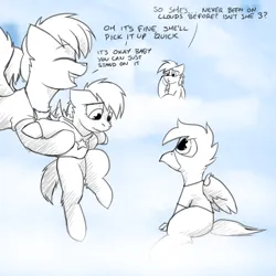 Size: 3000x3000 | Tagged: safe, artist:captainhoers, derpibooru import, rainbow dash, spitfire, oc, oc:concorde, oc:gren, hippogriff, pegasus, pony, clothes, female, foal, grayscale, high res, holding a pony, hoodie, image, interspecies offspring, jpeg, magical lesbian spawn, mare, monochrome, mother and child, offspring, older spitfire, open mouth, open smile, parent:gilda, parent:rainbow dash, parent:soarin', parent:spitfire, parents:gildash, parents:soarinfire, smiling, wavy mouth