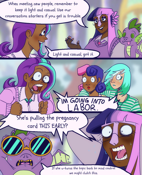 Size: 1080x1328 | Tagged: safe, artist:double--hh, derpibooru import, bon bon, lyra heartstrings, spike, starlight glimmer, sweetie drops, twilight sparkle, anthro, dragon, human, :p, clothes, comic, dark skin, dialogue, group, humanized, image, jpeg, light skin, open mouth, screaming, smiling, sweat, sweater, text, tongue out