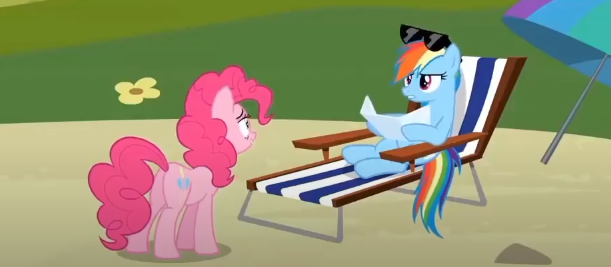 Size: 611x267 | Tagged: safe, derpibooru import, screencap, pinkie pie, rainbow dash, earth pony, pegasus, pony, too many pinkie pies, beach chair, butt, chair, duo, female, g4, image, mare, plot, png, sunglasses, sunglasses on head