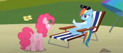 Size: 611x267 | Tagged: safe, derpibooru import, screencap, pinkie pie, rainbow dash, earth pony, pegasus, pony, too many pinkie pies, beach chair, butt, chair, duo, female, g4, image, mare, plot, png, sunglasses, sunglasses on head