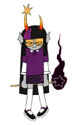 Size: 1155x1925 | Tagged: safe, artist:ohmeiios, derpibooru import, twilight sparkle, clothes, frown, glasses, homestuck, horns, image, jpeg, knee high socks, race swap, simple background, skirt, socks, solo, sweater, troll, wand, white background