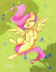 Size: 1100x1400 | Tagged: safe, artist:mindlessnik, derpibooru import, fluttershy, pegasus, pony, cute, eyes closed, female, flower, g4, grass, image, jpeg, mare, missing cutie mark, open mouth, open smile, overhead view, shyabetes, smiling, solo, spread wings, wings