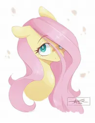 Size: 1593x2048 | Tagged: safe, artist:mindlessnik, derpibooru import, fluttershy, pegasus, pony, bust, female, floppy ears, flower petals, freckles, freckleshy, g4, hair over one eye, image, jpeg, looking at you, mare, simple background, solo, white background