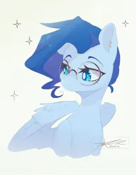 Size: 1592x2048 | Tagged: safe, artist:mindlessnik, derpibooru import, oc, oc:nik, unofficial characters only, pegasus, pony, bust, female, glasses, image, jpeg, mare, round glasses, simple background, solo, sparkles, white background