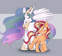 Size: 2048x1842 | Tagged: safe, artist:sunsetslight, derpibooru import, princess celestia, sunset shimmer, alicorn, pony, unicorn, duo, horn, image, jewelry, jpeg, looking at each other, looking at someone, regalia, smiling, smiling at each other, style emulation