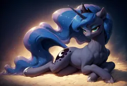 Size: 1216x832 | Tagged: safe, ai content, derpibooru import, machine learning generated, prompter:vtaviscratch, princess luna, alicorn, pony, bedroom eyes, image, jpeg, looking at you, lying down, pose, prone, sexy, wingless