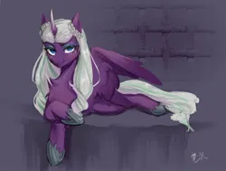 Size: 2331x1759 | Tagged: artist needed, source needed, safe, derpibooru import, alicorn, pony, g5, eyeshadow, female, image, jpeg, lying down, makeup, mare, opaline arcana, partially open wings, signature, smiling, solo, wings