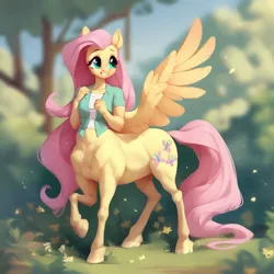 Size: 1024x1024 | Tagged: safe, ai content, derpibooru import, machine learning generated, prompter:goodman3, fluttershy, pegasus, pony, taur, bush, cute, female, g4, grin, image, looking offscreen, mare, nature, one wing out, png, ponytaur, raised hoof, shyabetes, smiling, solo, tree, wings