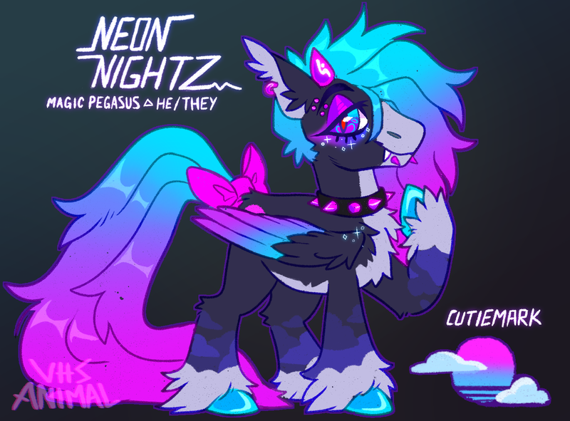 Size: 1477x1092 | Tagged: safe, artist:cosmichorse, artist:girlboyburger, derpibooru import, oc, oc:neon nightz, unofficial characters only, pegasus, pony, blaze (coat marking), bow, chest fluff, coat markings, colored belly, colored eyebrows, colored fetlocks, colored hooves, colored muzzle, colored pinnae, ear fluff, ear piercing, earring, eyebrow piercing, facial markings, fangs, freckles, gradient background, gradient mane, gradient tail, horns, image, jewelry, leg fluff, lidded eyes, lip piercing, long mane, long tail, looking back, mealy mouth (coat marking), messy mane, messy tail, multicolored eyes, multicolored mane, multicolored tail, pale belly, pegasus oc, piercing, png, profile, pronouns, raised hoof, red pupils, shiny hooves, shiny mane, shiny tail, slit pupils, smiling, snake bites, socks (coat marking), solo, tail, tail bow, text, unshorn fetlocks, wingding eyes, wings