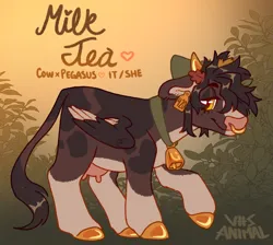 Size: 1346x1206 | Tagged: safe, artist:cosmichorse, artist:girlboyburger, derpibooru import, oc, oc:milk tea (girlboyburger), unofficial characters only, cow, hybrid, pegasus, abstract background, bell, blaze (coat marking), bovine, bow, brown coat, brown mane, brown tail, coat markings, colored belly, colored eyebrows, colored hooves, colored horns, colored muzzle, colored pinnae, colored wings, colored wingtips, cowbell, ear tag, eyelashes, facial markings, floppy ears, folded wings, freckles, golden eyes, gradient background, hair accessory, hair bow, hybrid oc, image, leonine tail, lidded eyes, long tail, looking back, nose piercing, pale belly, pegacow, piercing, png, ponysona, profile, pronouns, raised hoof, septum piercing, shiny hooves, shiny horns, shiny mane, shiny tail, short mane, signature, small wings, smiling, socks (coat marking), solo, splotches, tail, text, two toned wings, udder, watermark, wingding eyes, wings, yellow eyes
