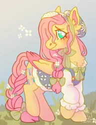 Size: 1499x1945 | Tagged: safe, artist:cosmichorse, artist:girlboyburger, derpibooru import, fluttershy, pegasus, pony, alternate design, blush scribble, blushing, bonnet, bow, braid, braided ponytail, braided tail, chest fluff, clothes, colored eartips, colored pinnae, colored wings, colored wingtips, cottagecore, countershading, cute, dress, ear fluff, eyelashes, female, flower, flower in hair, flower in tail, folded wings, g4, gradient background, grass, hair bow, image, lidded eyes, long mane, long tail, looking back, mare, png, ponytail, profile, raised hoof, shyabetes, signature, smiling, solo, standing, tail, tail bow, teal eyes, two toned wings, watermark, wingding eyes, wings