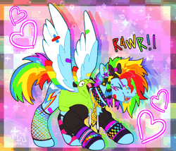 Size: 1200x1028 | Tagged: safe, artist:cosmichorse, artist:girlboyburger, derpibooru import, rainbow dash, pegasus, pony, ><, alternate design, alternate hairstyle, animated, bandaid, blush scribble, blushing, bow, bracelet, bridge piercing, choker, clothes, colored eyebrows, colored wings, colored wingtips, dyed mane, ear piercing, earring, eyes closed, fishnet clothing, floating heart, g4, gif, hair bow, heart, hoodie, image, jewelry, kandi, lip piercing, long mane, long tail, mismatched socks, multicolored hair, multicolored mane, multicolored tail, multicolored wings, necktie, open mouth, open smile, passepartout, patterned background, piercing, pride, pride flag, profile, rainbow hair, rainbow tail, rainbow text, rawr, scene, scene hair, scenecore, signature, smiling, snake bites, socks, solo, spiked choker, spread wings, tail, teeth, tongue piercing, transgender pride flag, watermark, wings