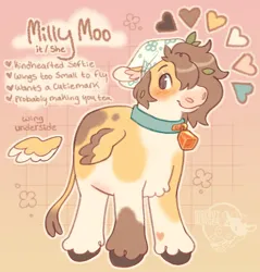 Size: 725x758 | Tagged: safe, artist:cosmichorse, artist:girlboyburger, derpibooru import, oc, oc:milly moo, unofficial characters only, cow, pegasus, pony, blushing, bonnet, bovine, brown eyes, brown mane, brown tail, brown text, chest fluff, color palette, colored hooves, colored pinnae, colored wings, colored wingtips, ear fluff, floppy ears, gradient background, hair over one eye, hybrid oc, image, jpeg, leaves in mane, leonine tail, lidded eyes, looking back, multicolored wings, outline, partially open wings, patterned background, pegacow, pegasus oc, ponysona, reference sheet, signature, small wings, smiling, solo, tail, text, unshorn fetlocks, watermark, wingding eyes, wings