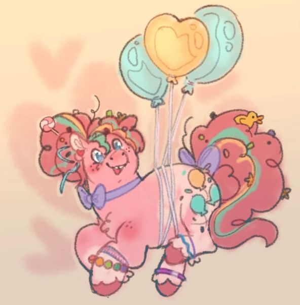 Size: 1281x1299 | Tagged: safe, artist:cosmichorse, artist:girlboyburger, derpibooru import, pinkie pie, earth pony, pony, alternate design, alternate hair color, alternate hairstyle, alternate tail color, balloon, blue eyes, blushing, bow, bracelet, chest fluff, coat markings, colored hooves, colored pinnae, curly mane, curly tail, ear fluff, ear piercing, earring, fat, female, fetlock tuft, floating, freckles, g4, gradient background, hair accessory, heart, heart background, image, jewelry, jpeg, looking at you, mare, messy mane, messy tail, multicolored mane, multicolored tail, open mouth, open smile, piercing, pink coat, pink mane, pink tail, ponytail, pudgy pie, small ears, smiling, smiling at you, socks (coat marking), solo, splotches, tail, tail accessory, tail bow, tied mane, tied tail, tooth gap, unshorn fetlocks