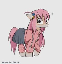 Size: 668x692 | Tagged: safe, artist:sketchy-pones, derpibooru import, ponified, earth pony, pony, ahoge, anime, beige coat, bocchi the rock!, clothes, countershading, emanata, eye clipping through hair, eyebrows, eyebrows visible through hair, female, floating eyebrows, gray background, hair accessory, hairclip, hitori gotoh, image, jpeg, long mane, long tail, mare, nervous, no mouth, pink mane, pink tail, raised hoof, signature, simple background, skirt, solo, sweat, sweatdrop, tail, track jacket, unusual pupils