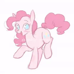Size: 624x624 | Tagged: safe, artist:sketchy-pones, derpibooru import, pinkie pie, earth pony, pony, big eyes, blue eyes, blushing, colored sketch, curly mane, curly tail, ear blush, eyebrows, eyebrows visible through hair, eyelashes, female, floating eyebrows, g4, image, jpeg, long mane, long tail, mare, obtrusive watermark, open mouth, open smile, pink coat, pink mane, pink tail, prancing, signature, simple background, sketch, smiling, solo, tail, watermark, white background, wingding eyes