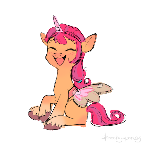 Size: 2048x2048 | Tagged: safe, artist:sketchy-pones, derpibooru import, sunny starscout, alicorn, pony, g5, my little pony: a new generation, blushing, braid, braided ponytail, cardboard horn, cardboard wings, coat markings, colored hooves, colored sketch, cute, eyes closed, fake alicorn, fake horn, fake wings, female, filly, filly sunny starscout, foal, high res, image, open mouth, open smile, orange coat, pink mane, pink tail, png, ponytail, race swap, raised hoof, redraw, signature, simple background, sitting, sketch, smiling, socks (coat marking), solo, sunnybetes, sunnycorn, tail, tied mane, unshorn fetlocks, white background, younger