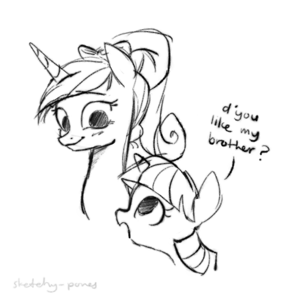 Size: 2048x2048 | Tagged: safe, artist:sketchy-pones, derpibooru import, princess cadance, twilight sparkle, alicorn, pony, unicorn, babysitting, blushing, bow, bust, dialogue, duo, duo female, eyelashes, female, filly, filly twilight sparkle, foal, g4, hair bow, height difference, high res, horn, image, looking at each other, looking at someone, mare, monochrome, png, ponytail, simple background, sketch, smiling, talking, text, tied mane, unicorn horn, unicorn twilight, white background, young cadance, younger