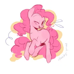 Size: 2048x2048 | Tagged: safe, artist:sketchy-pones, derpibooru import, pinkie pie, earth pony, pony, blushing, colored sketch, countershading, curly mane, curly tail, emanata, eyebrows, eyelashes, female, g4, image, jpeg, long mane, long tail, mare, one eye closed, open mouth, open smile, outline, pink coat, pink mane, pink tail, raised eyebrow, rearing, signature, simple background, sketch, smiling, solo, tail, white background, wink