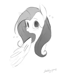Size: 2048x2286 | Tagged: safe, artist:sketchy-pones, derpibooru import, fluttershy, pegasus, pony, blushing, bust, embarrassed, eyebrows, eyebrows visible through hair, eyelashes, female, floating eyebrows, flustered, folded wings, g4, grayscale, high res, image, long mane, looking at you, mare, monochrome, no catchlights, png, signature, simple background, sketch, solo, sweat, sweatdrop, white background, wings