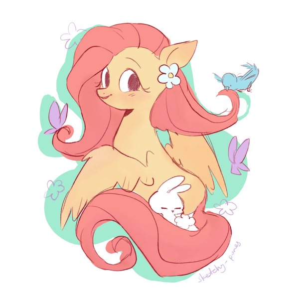Size: 2048x2048 | Tagged: safe, artist:sketchy-pones, derpibooru import, angel bunny, fluttershy, bird, butterfly, insect, pegasus, pony, blushing, colored sketch, cute, duo, duo male and female, ear blush, emanata, eyebrows, eyelashes, female, flower, flower on ear, g4, image, long mane, long tail, looking back, male, mare, no catchlights, open mouth, open smile, outline, pink mane, pink tail, png, raised eyebrow, shyabetes, signature, simple background, sketch, smiling, solo focus, spread wings, tail, that pony sure does love animals, white background, wing fluff, wings, yellow coat
