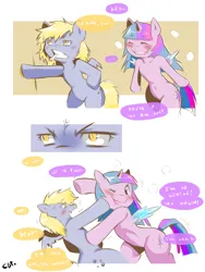 Size: 1050x1400 | Tagged: suggestive, artist:cold-blooded-twilight, derpibooru import, part of a set, derpy hooves, twilight sparkle, anthro, pegasus, unicorn, blushing, cigarette, comic, g4, horn, image, png, sexual harassment, speech bubble, vulgar